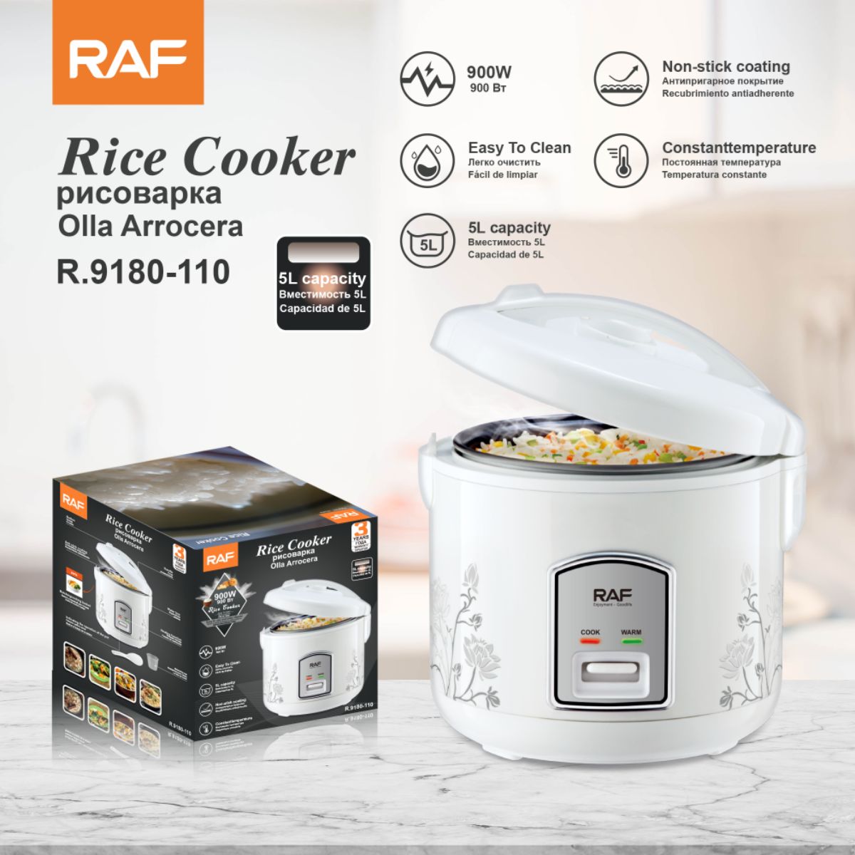 Olla Arrocera Eléctrica 5L. Olla para Cocinar Arroz 900W. Recubrimiento Antiadherente y Función Automática de Calor Constante 110V.