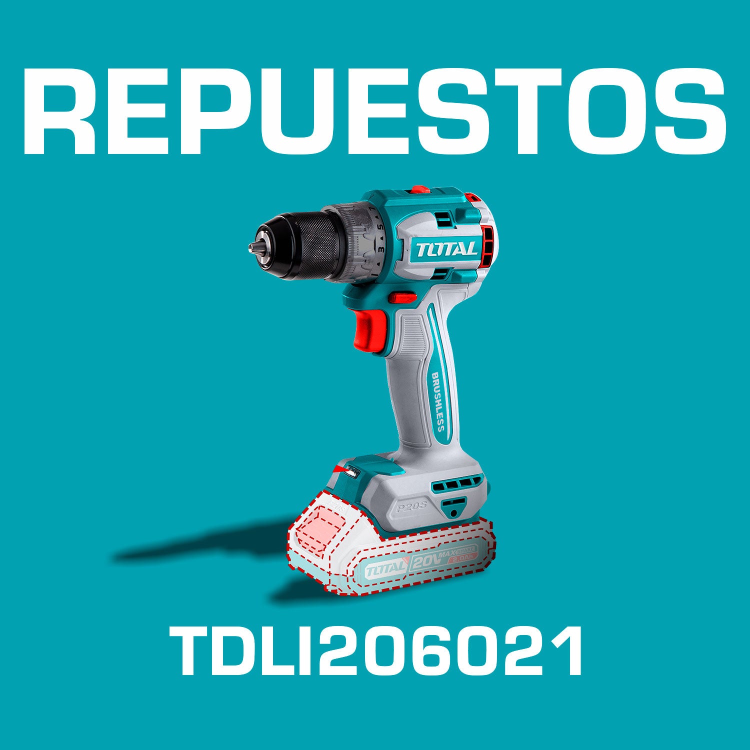 Repuestos Drill taladro Inalámbrico 1/2" 20V 60Nm. 22+1 Motor sin escobillas. Batería y cargador por separado. Super Total Codigo TDLI206021