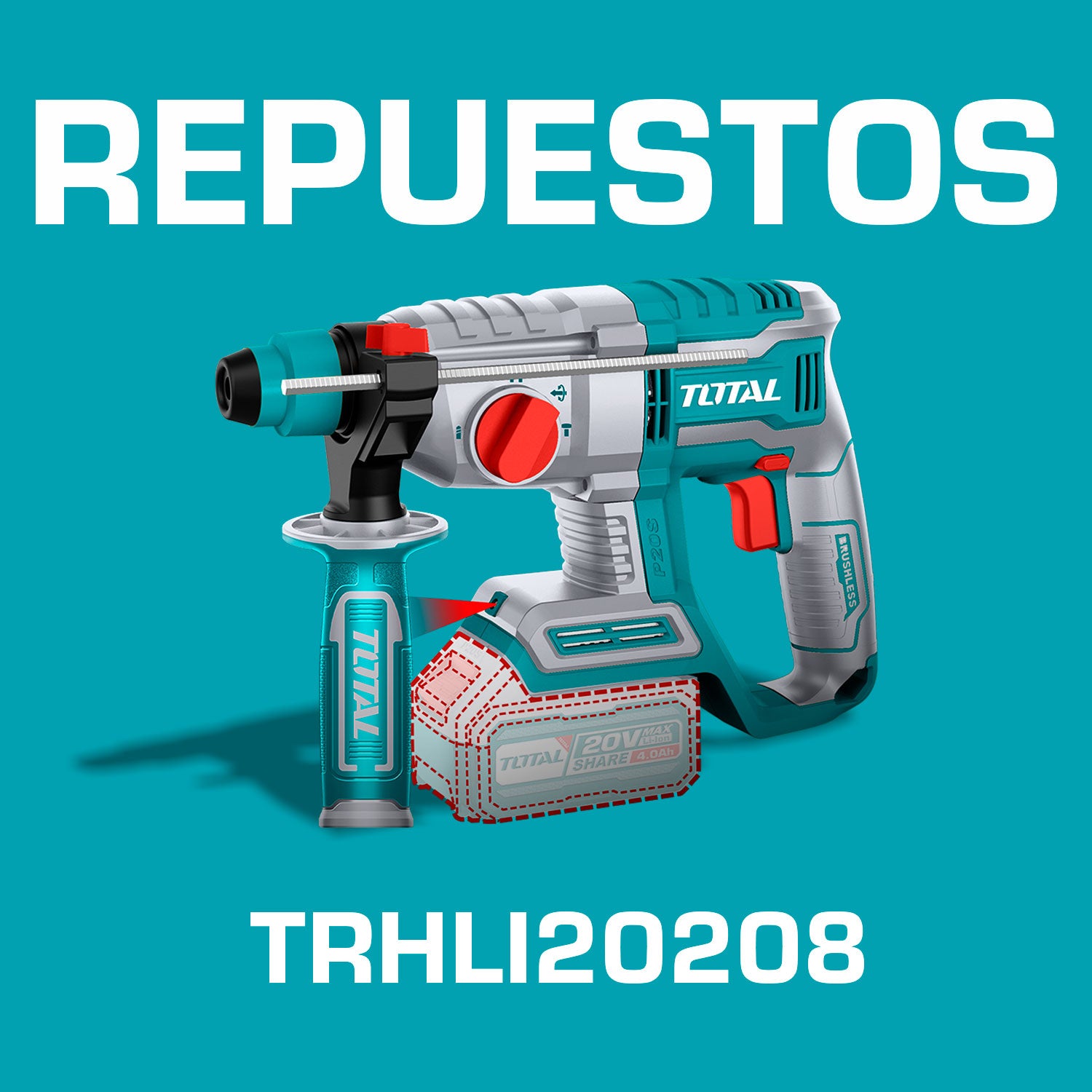 Repuestos Taladro Rotomartillo Motor sin escobillas. Perforación concreto:22mm. Sin batería ni cargador. Codigo TRHLI20208