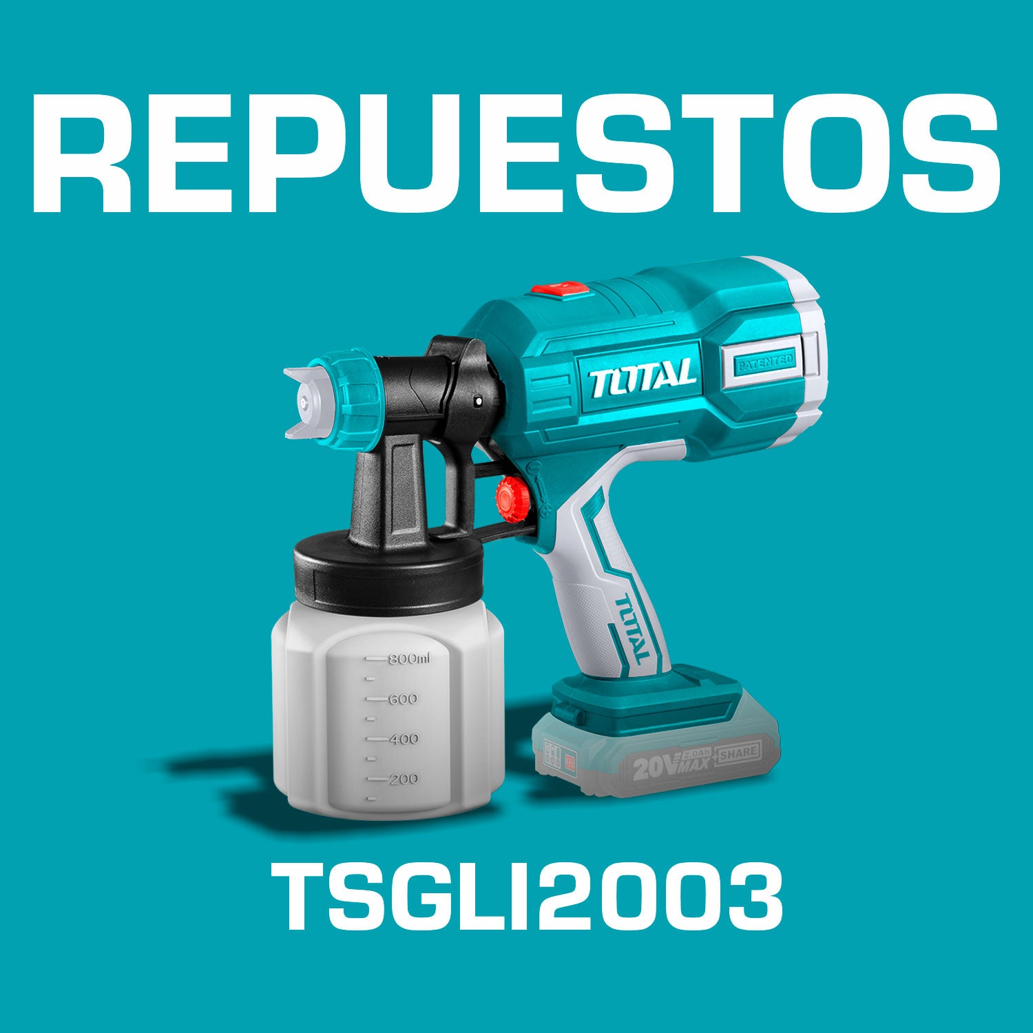 Repuestos Pistola para pintar 20V inalámbrica de litio. Batería y cargador se vende por separado. Codigo TSGLI2003