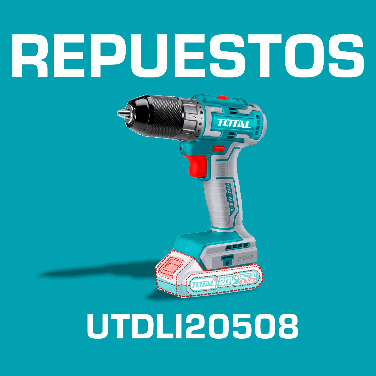 Repuestos Drill Inalámbrico 20V 3/8" TOTAL 50Nm. Función bloqueo. Motor sin escobillas. Incluye batería y cargador. Codigo UTDLI20508