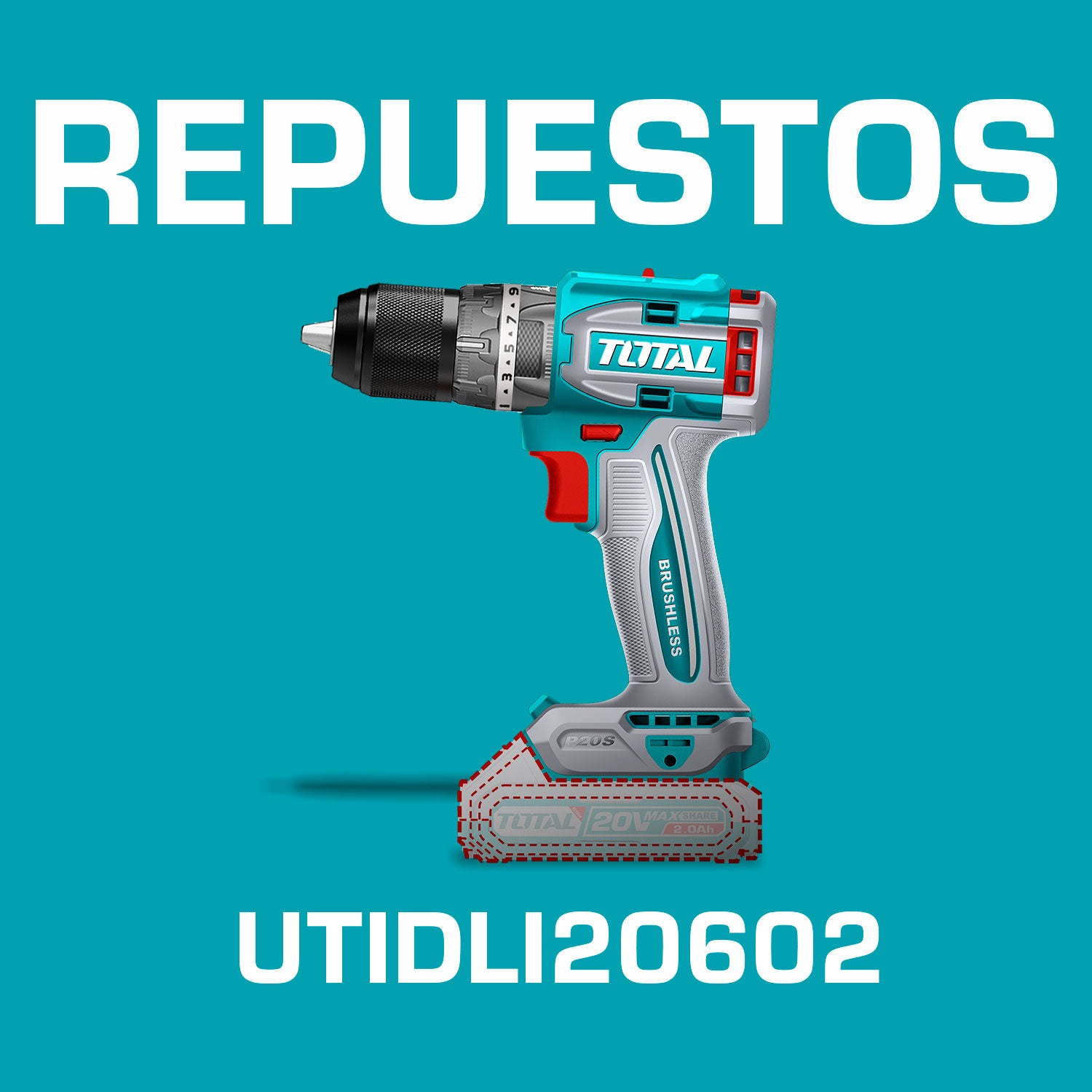 Repuestos Taladro Inalámbrico 20V 1/2" 60Nm Impacto. Motor sin escobillas. Incluye 2 baterías y cargador. Super Total Codigo UTIDLI20602