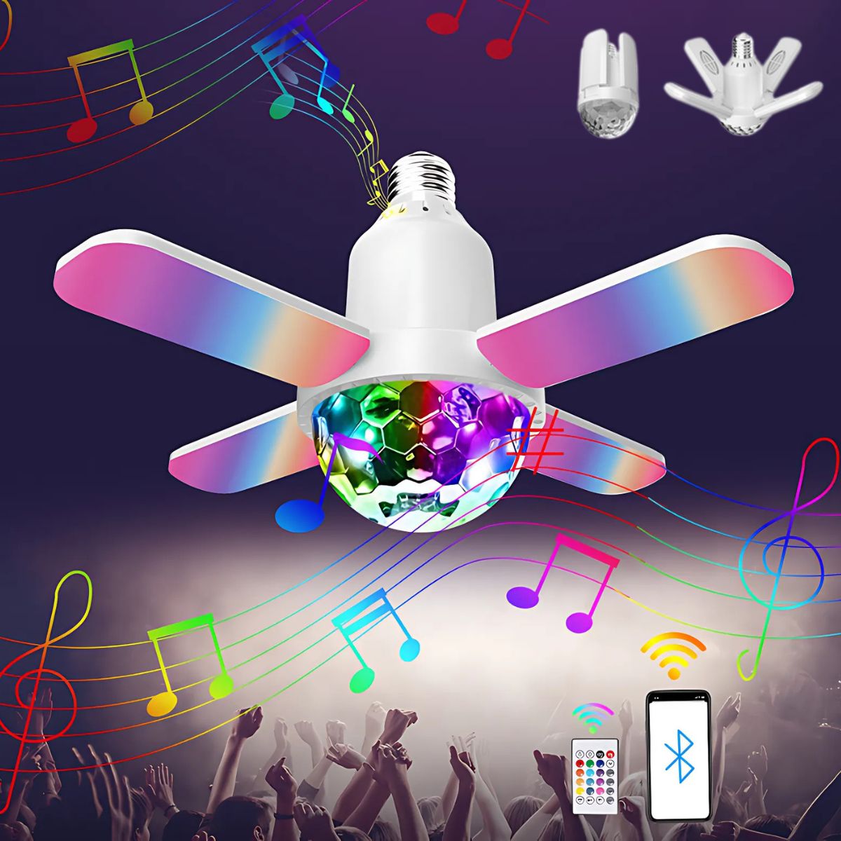 Foco Bombillo LED con Bocina Integrada Bluetooth. Lámpara RGB de Colores con control remoto. Tipo discoteca