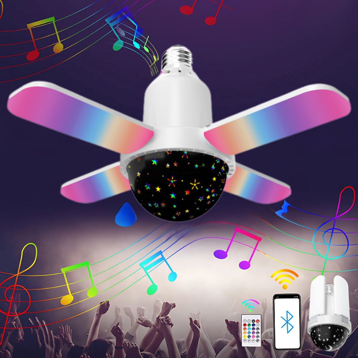 Foco Bombillo LED con Bocina Integrada Bluetooth. Lámpara Musical RGB con Proyector Estrellado y Control Remoto. Tipo discoteca cielo estrellado de coloes