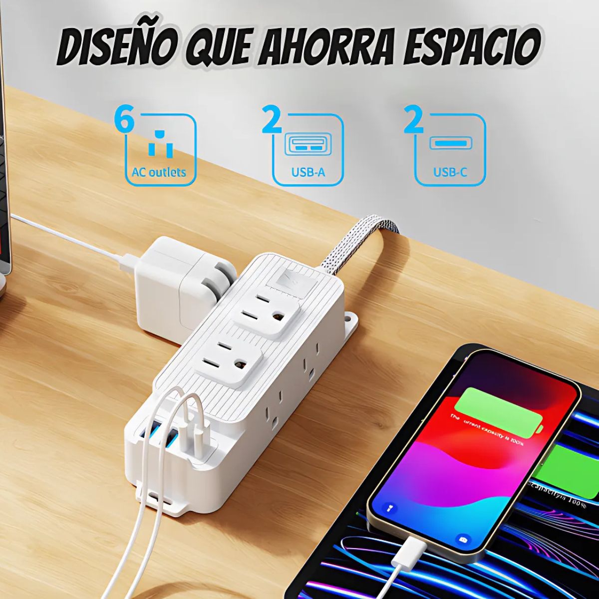 Regleta Toma Corriente De 6 Salidas, 2 Puertos Tipo C Y 2 Puertos USB. Adaptador Carga Rápida.