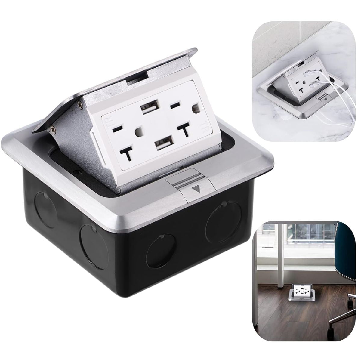 Caja De Enchufe tomacorriente de piso Empotrable Con Diseño Emergente. 2 Tomas De Corriente Y 2 Puertos USB. Enchufe De Escritorio.