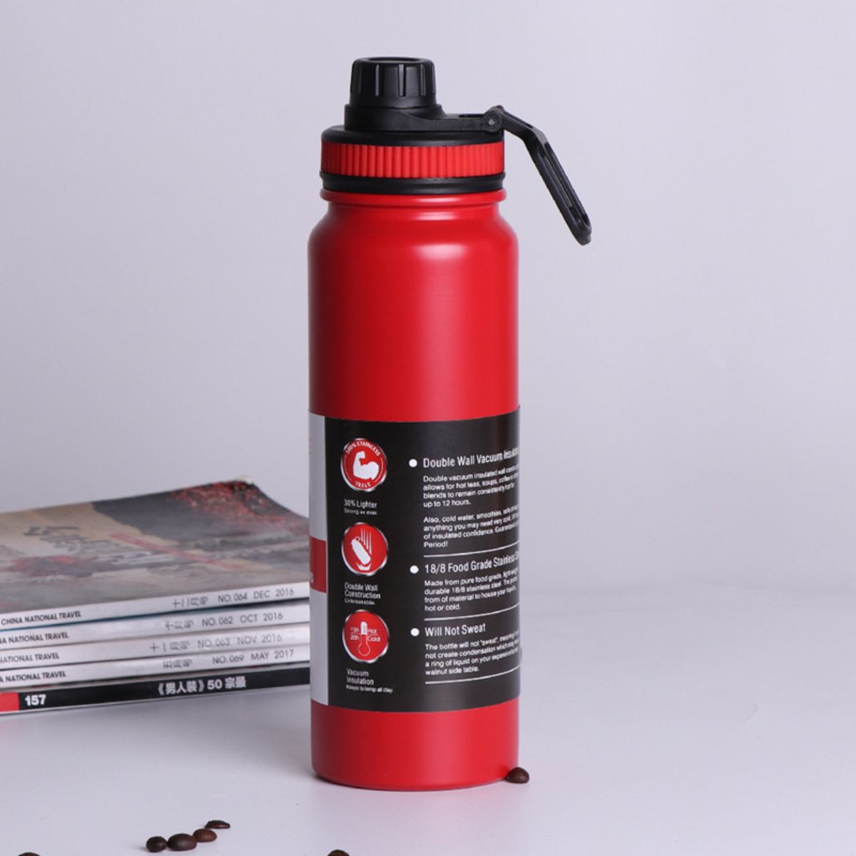 Botella de agua térmica 1000ml de acero inoxidable. Termo de doble pared para agua, café o té. Color rojo.
