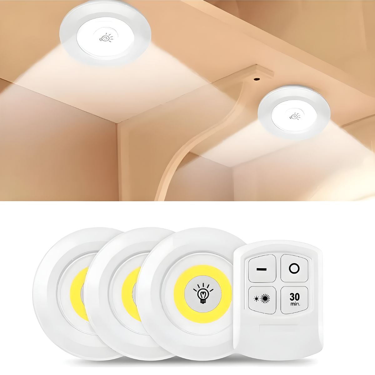 Luz Adhesiva Con Control Remoto (Set de 3 piezas). Iluminación Blanca COB Regulable con Temporizador.