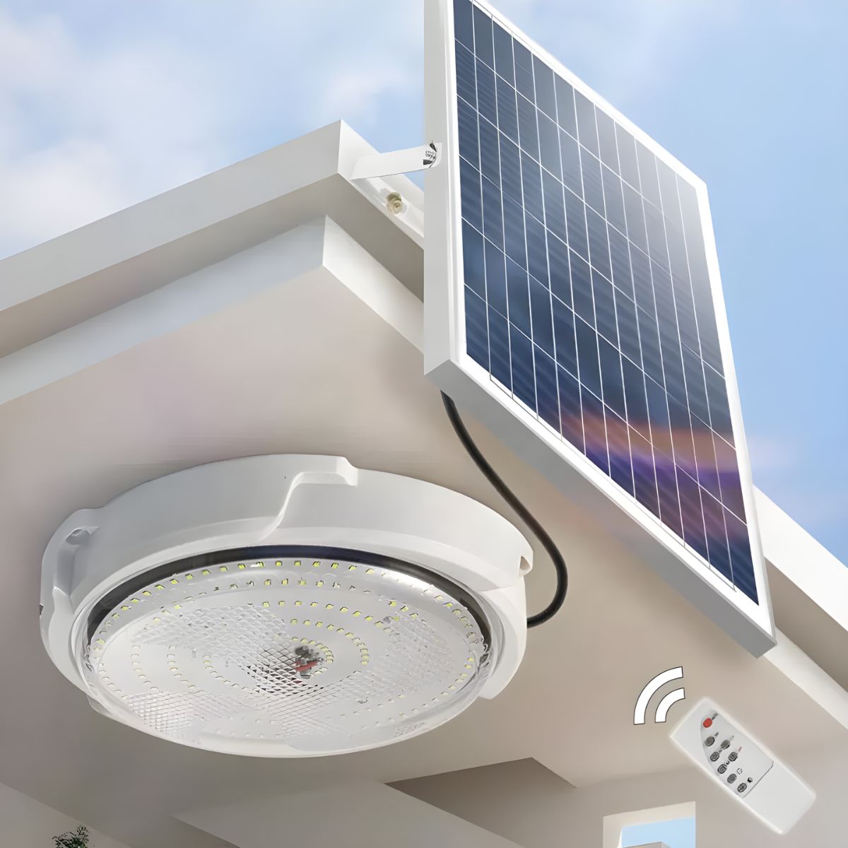Lámpara Solar LED De Techo 200W Con Panel De Silicio Y Control Remoto. Luz Blanca Fría Para Interiores Y Exteriores con panel solar.