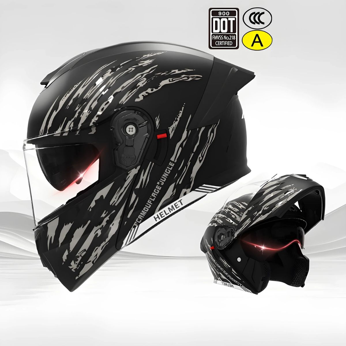 Casco Modular para Motocicletas. Color Negro Mate con Visor Transparente, Certificación DOT/3C.