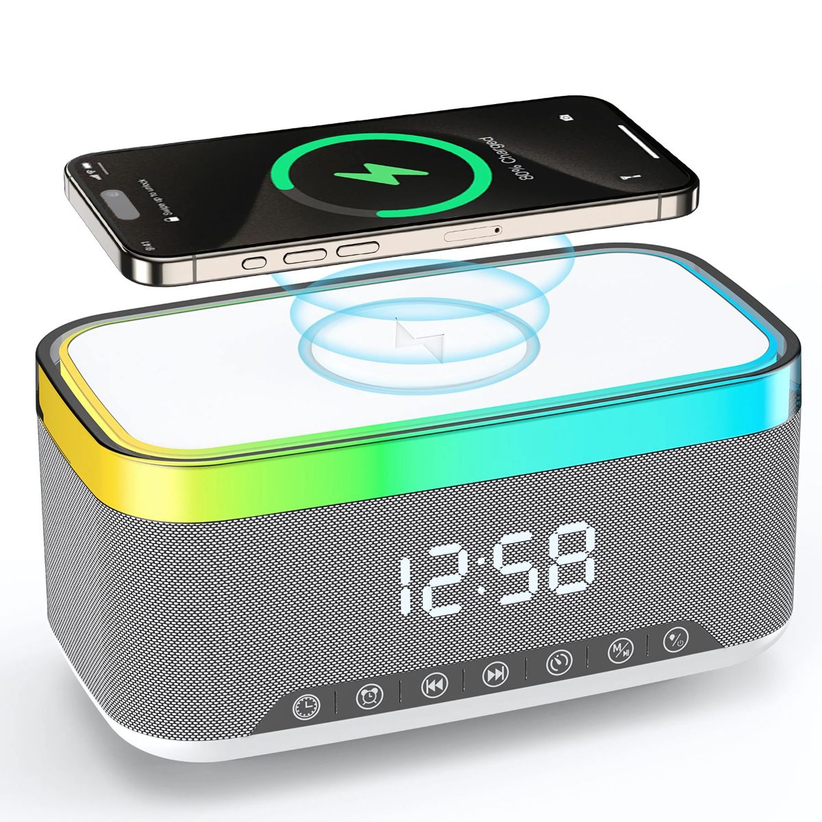 Reloj Despertador Digital con bocina Bluetooth. Cargador Inalámbrico para Celulares. Radio FM y Temporizador. Lampara de noche