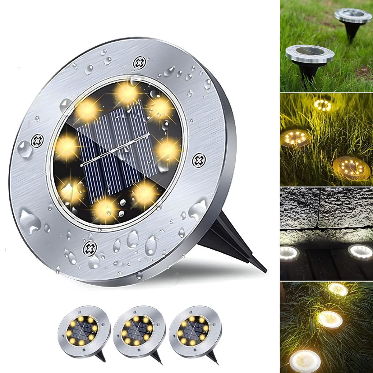 Lampara solar de piso para exterior. Foco con 8 LED. Luz cálida (Set de 4 unidades).