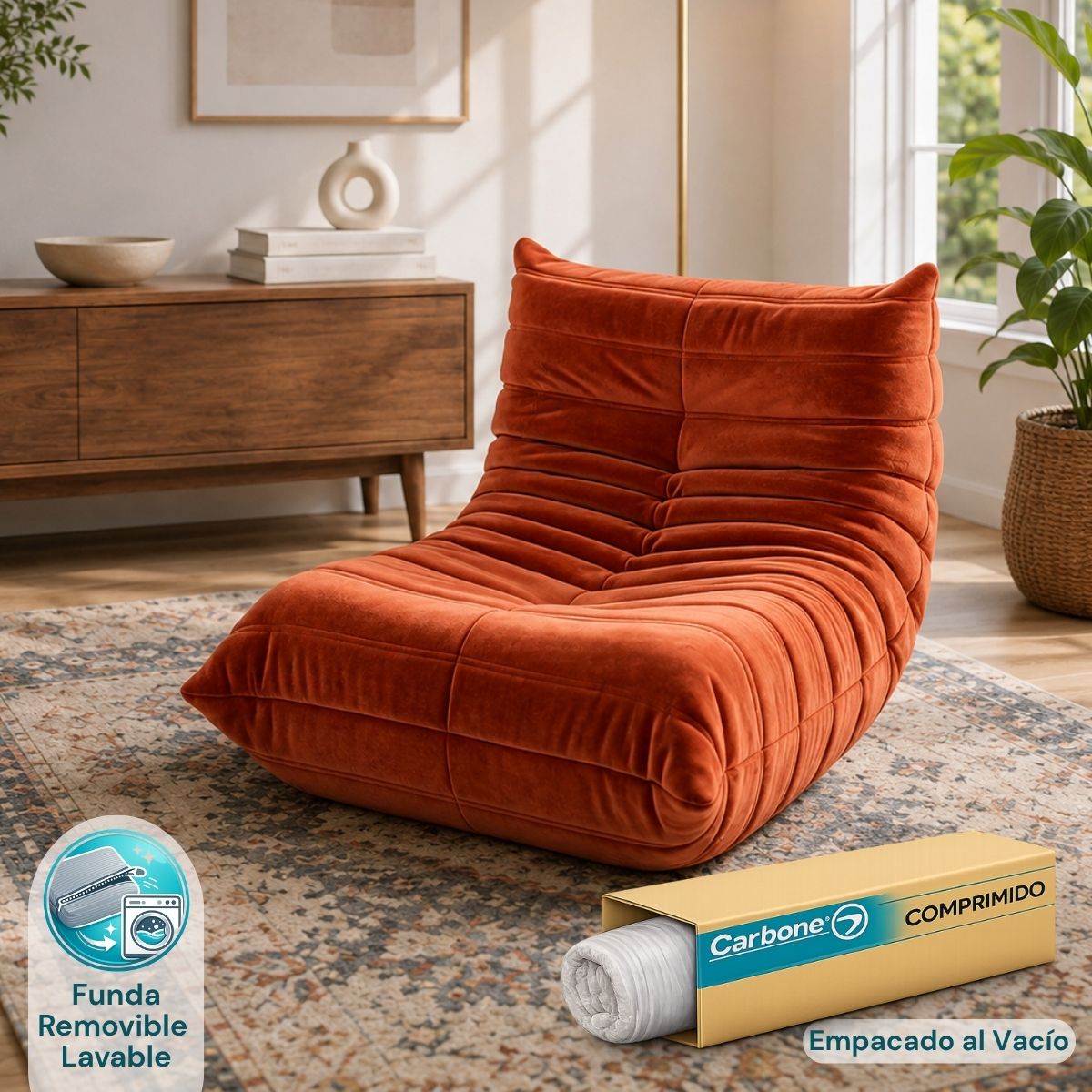 Sillón Individual Empacado al Vacío con Espuma 32D de Alta Densidad y Fundas Removibles (80x95x65cm). Color anaranjado.