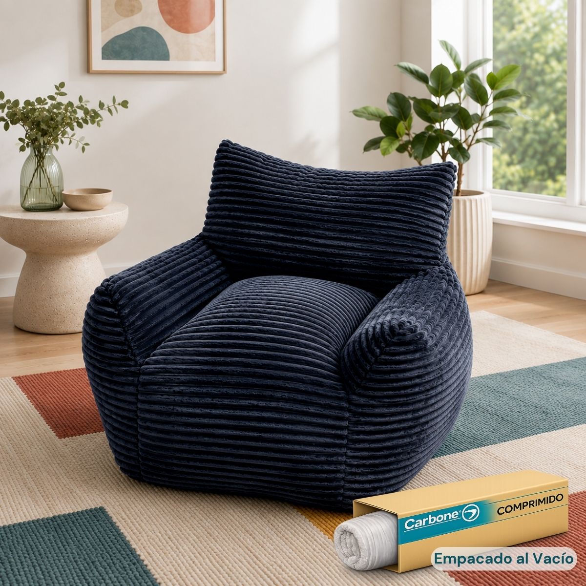 Sillón Moderno Individual Empacado al Vacío. Espuma 32D de Alta Densidad (103x90x75cm). Color Azul oscuro.