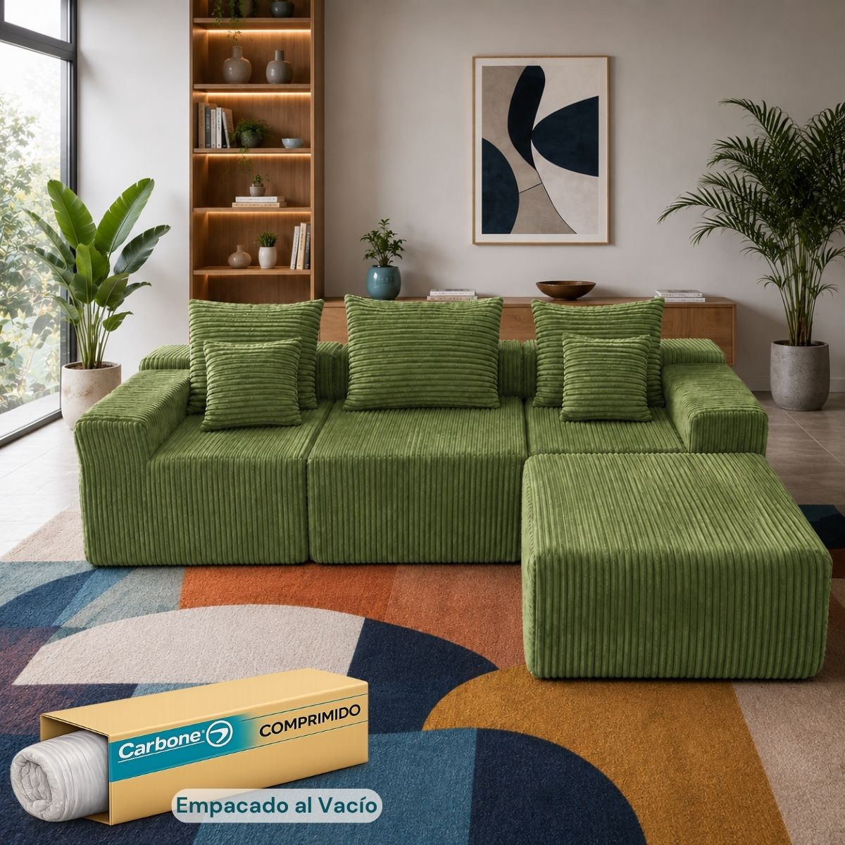 Sofá Modular de 3 Puestos Empacado al Vacío (271x96x63cm). Espuma 32D de Alta Densidad con Resortes y Fundas Removibles. Color verde.