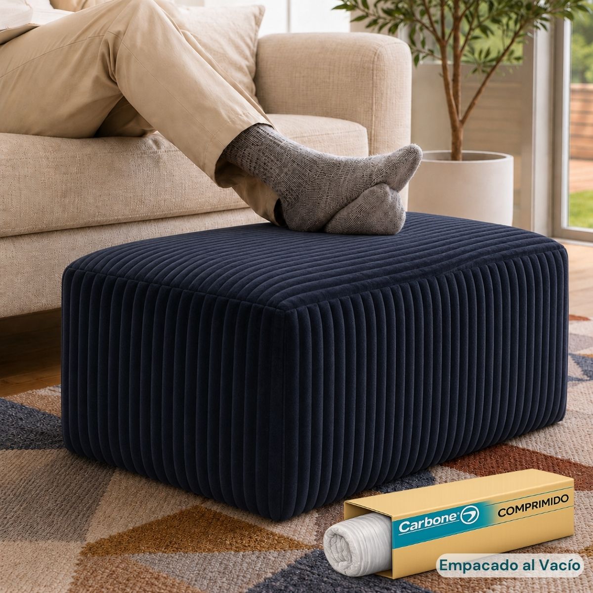 Ottoman Empacado al Vacío con Espuma 32D de Alta Densidad (65x48x27cm). Puff reposapiés. Color azul oscuro.