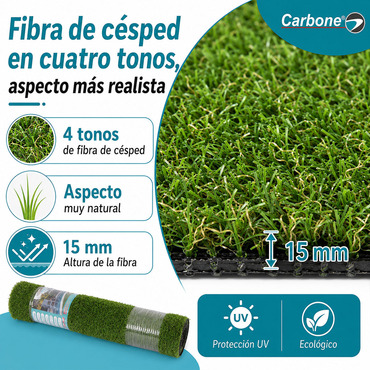 Césped Artificial Verde en Rollo 1 x 5 m con Fibra de 15 mm. Resistente a Rayos UV para Jardines, Balcones y Terrazas. (5 años Garantia)