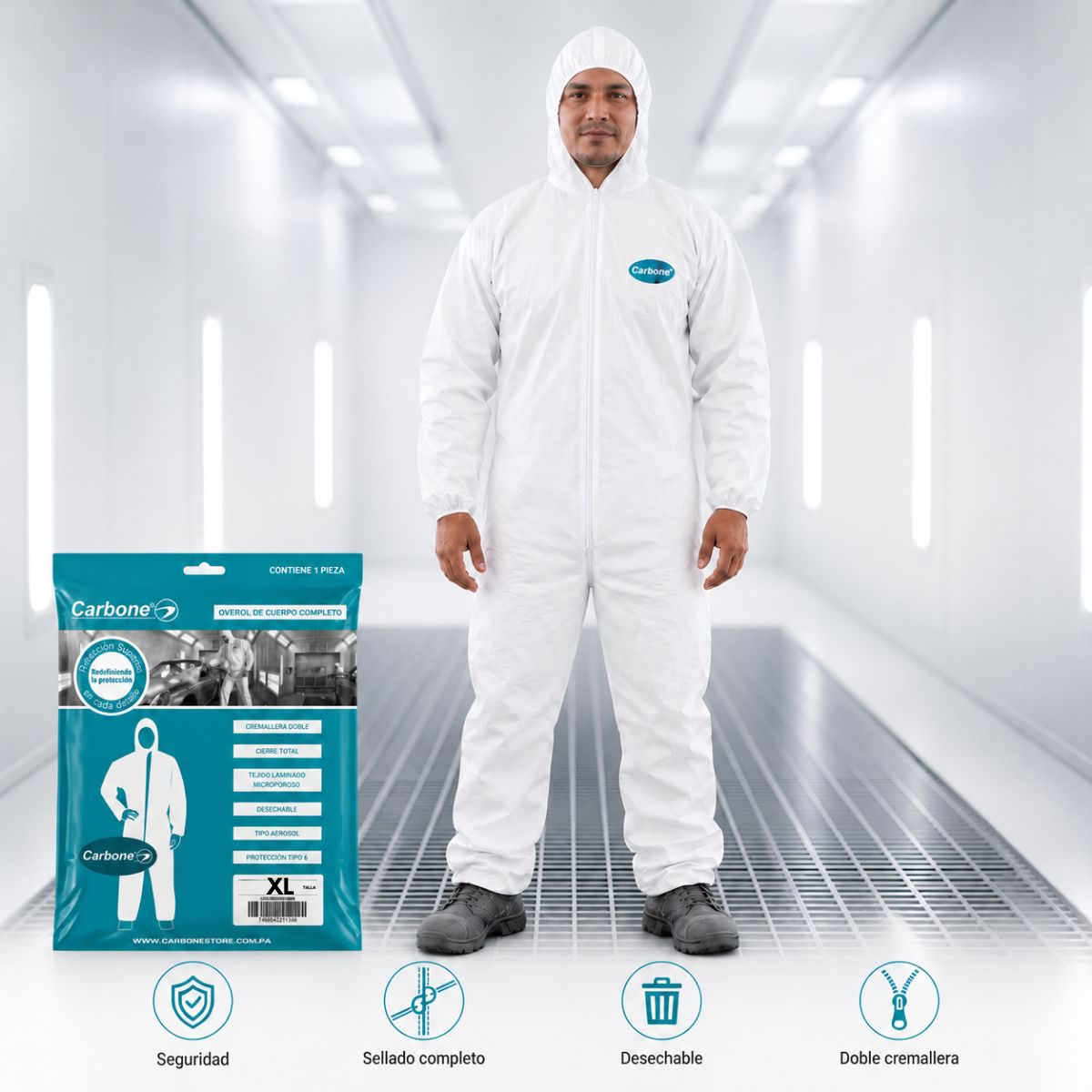 Overol Protección Desechable de PE 60 GSM Portección 5/6 Antipolvo y Antisalpicaduras con Capucha y Cierre Frontal. Color Blanco. Talla XL