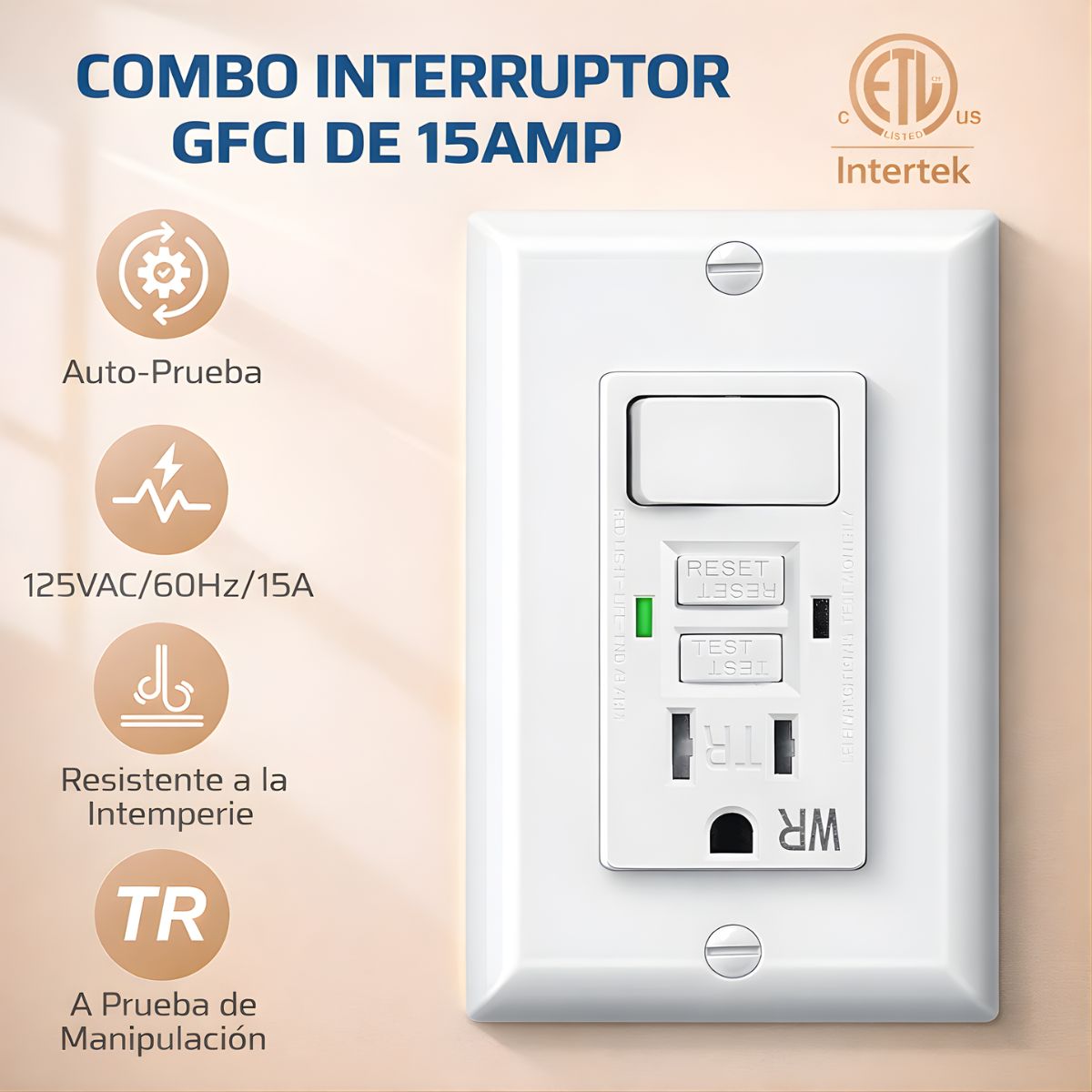 Tomacorriente GFCI 15A Combo Con Interruptor TR&WR. Enchufe De Seguridad Con Botón Reset/Test. A Prueba De Agua Y Con Protección Para Niños KG-15TWS.
