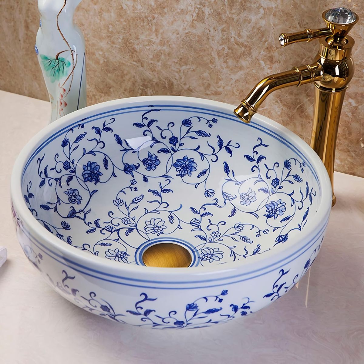 Lavamanos Tipo Bowl de Sobreponer Con Diseño Floral Azul Estilo vintage Porcelana. Lavabo Redondo De Cerámica Para Baño (41cmx15cm).