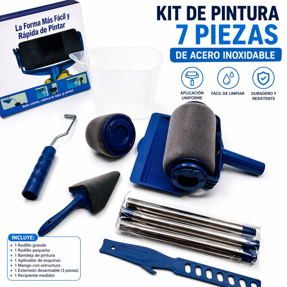 Rodillos De Pintura Recargables. Set de 7 Piezas. Sistema Antigoteo Para Pintar Paredes. Incluye Bandeja, Aplicador De Esquinas, Vaso Medidor y extensión.
