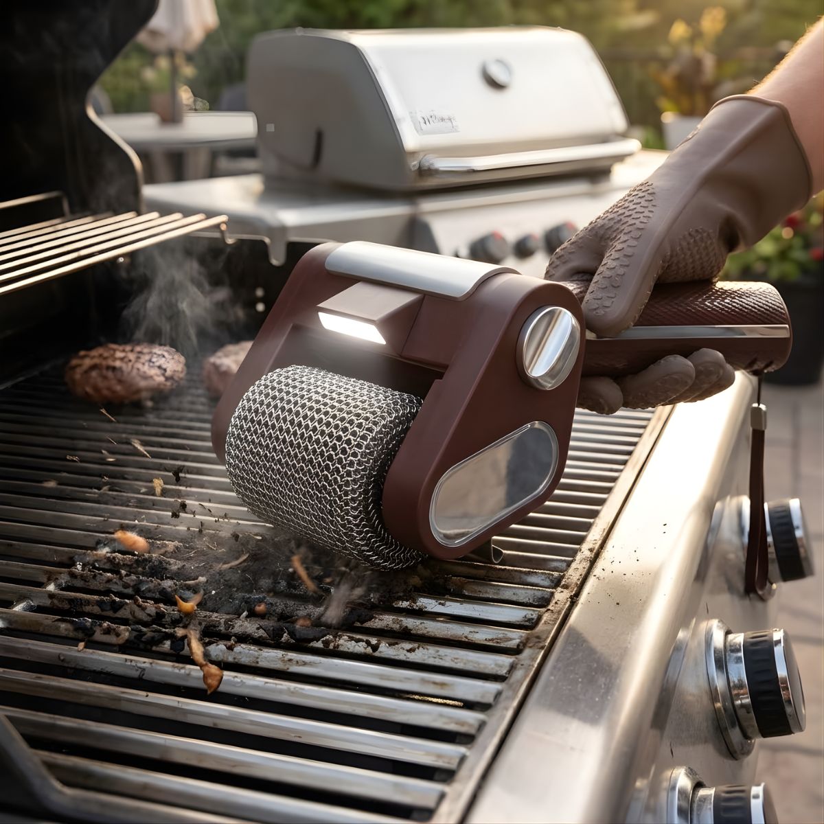 Cepillo eléctrico para barbacoa sin cerdas. Limpiador de parrilla inalámbrico recargable. Cepillo giratorio para asador. Color chocolate.
