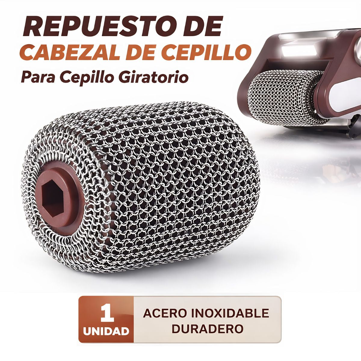 Repuesto de cabezal para cepillo de parrilla (Unidad). Rodillo de acero inoxidable para cepillo giratorio. Compatible con UR105.