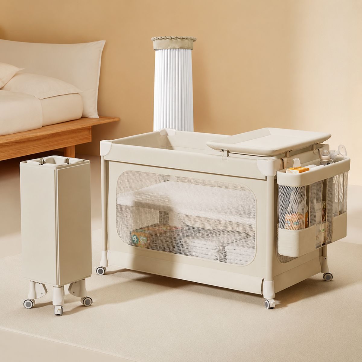 Cuna de Bebé Plegable Multifuncional con Ruedas y Cambiador. Moisés Portátil con Organizador Lateral y Mosquitero. Altura Ajustable. Color Beige