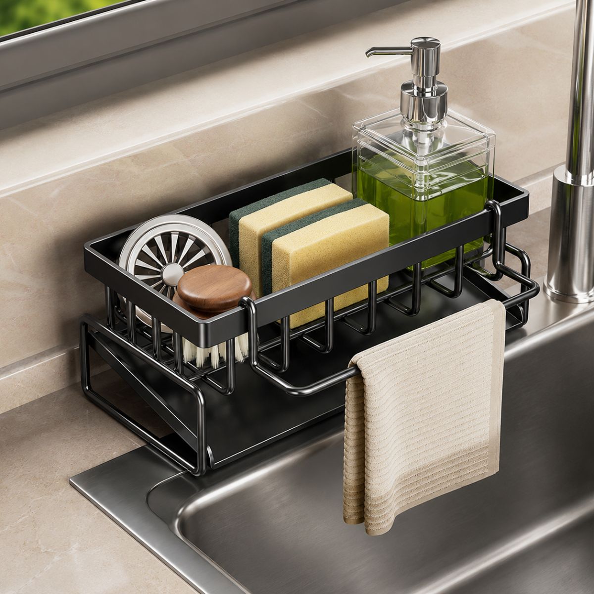 Organizador Escurridor para Fregador Porta Esponja y Jabón con Bandeja Escurridora 45° Acero al Carbono. Color Plomo (23x9x11cm)