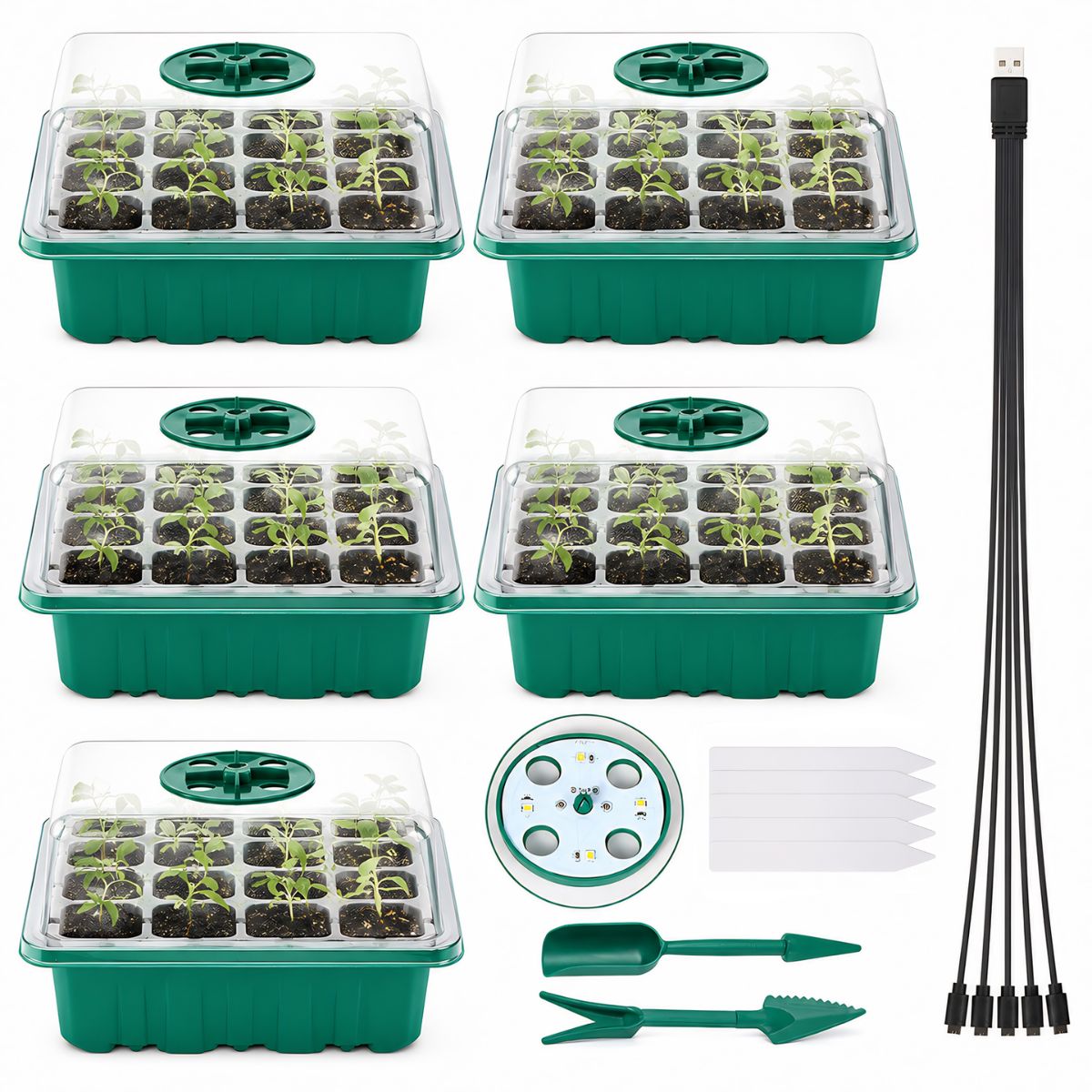 Semillero Germinador con Luz LED USB 12 Celdas (5 Bandejas). con Cúpula de Humedad Invernadero Portátil para Huerto Casero y Vivero. Color Verde