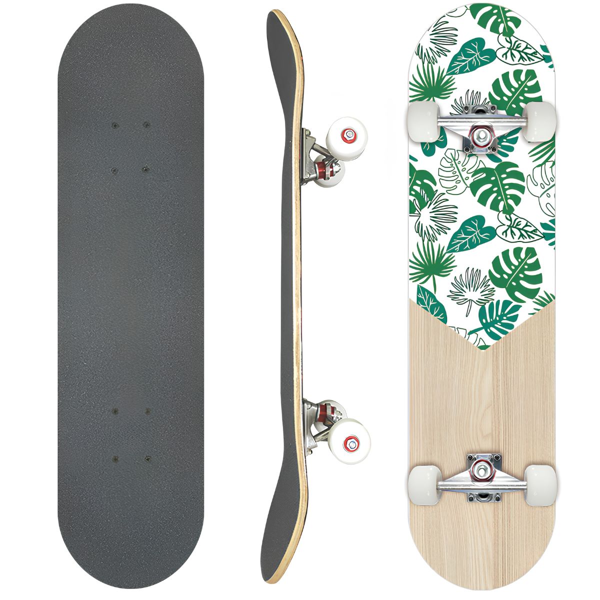 Patineta Skateboard Completa 31” Maple/Arce AAAA ABEC-7 con Ruedas PU 95A y Base Aluminio Skate Pro. Diseño Estampado Hojas Verdes