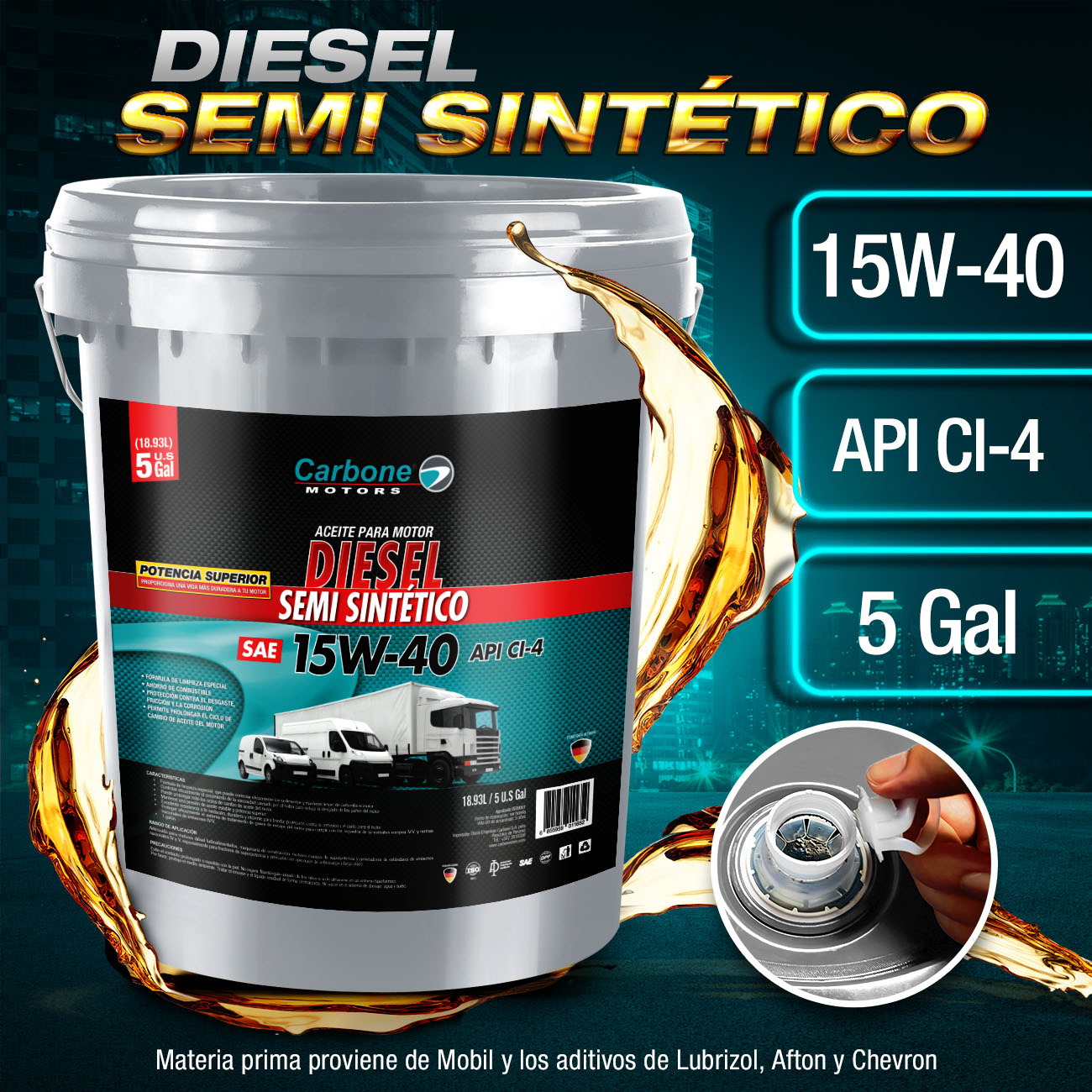 ACEITE DE MOTOR 15W-40 SAE API CI-4 SEMI SINTETICO PARA MOTORES DIESEL (TANQUE 5 GALONES / 18.93L )
