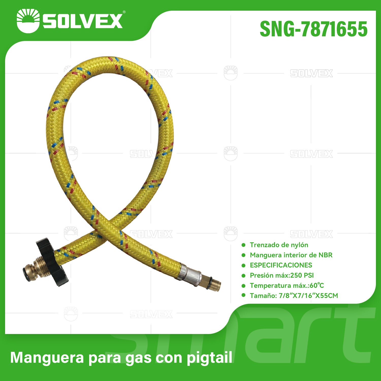 Manguera Para Gas Flexible 55Cm. Tubo de Abasto Trenzado en Nailon con Conectores Metálicos M7/8'' x M7/16''.
