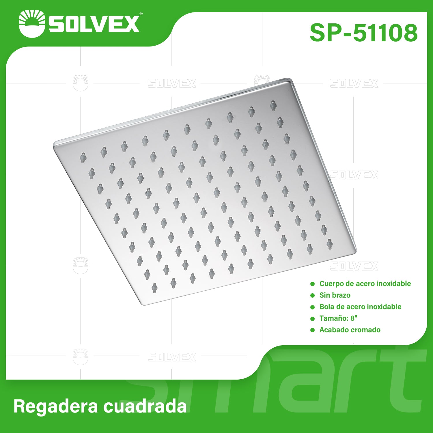 Regadera para Ducha Cuadrada 8" Cromada. Cabezal de Acero Inoxidable Resistente.