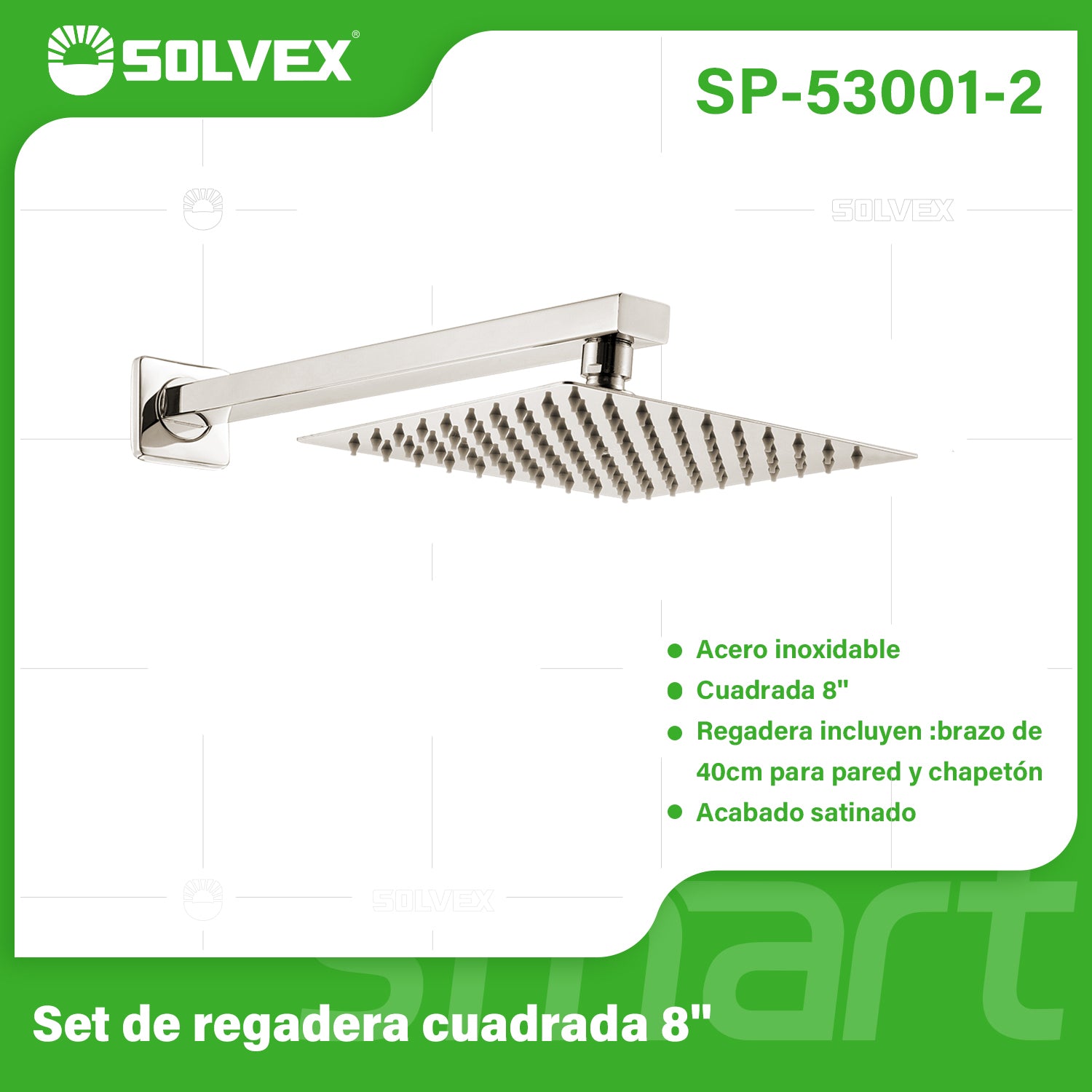 Regadera Cuadrada 8" con Brazo de 40 cm. Set de Ducha Acero Inoxidable. Acabado satinado cepillado.