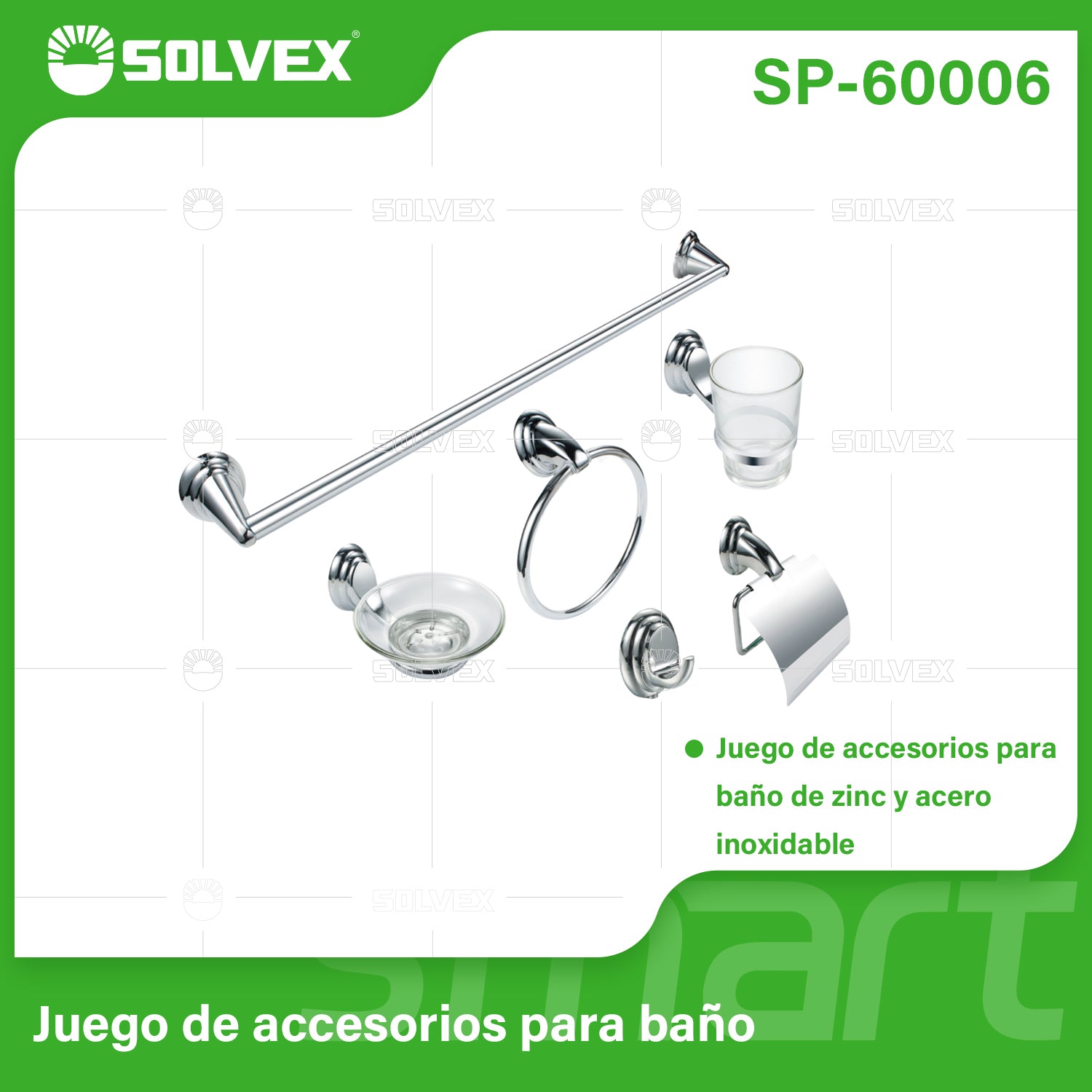 Accesorios para Baño. Set de 6 Piezas. Acero Inoxidable y Zinc con Acabado Cromado Brillante.