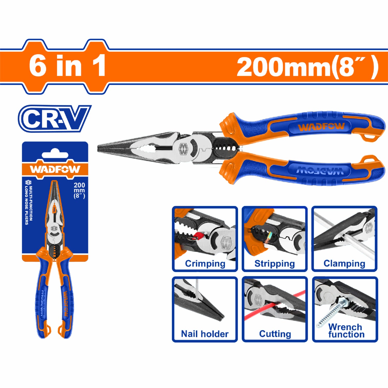 Alicate multifunción de punta larga 6 en 1. 8" Cr-V. Acabado negro y pulido. Mango cómodo.