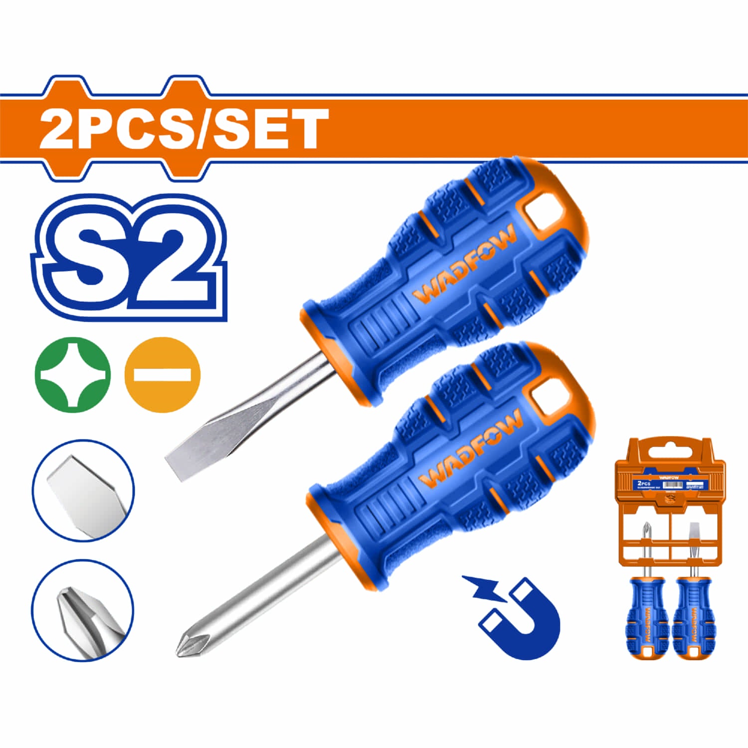 Destornilladores cortos SL6.5x6x38mm y PH2x6x38mm Mango ergonómico. Punta Magnética. Vástago redondo. Set de 2 piezas.
