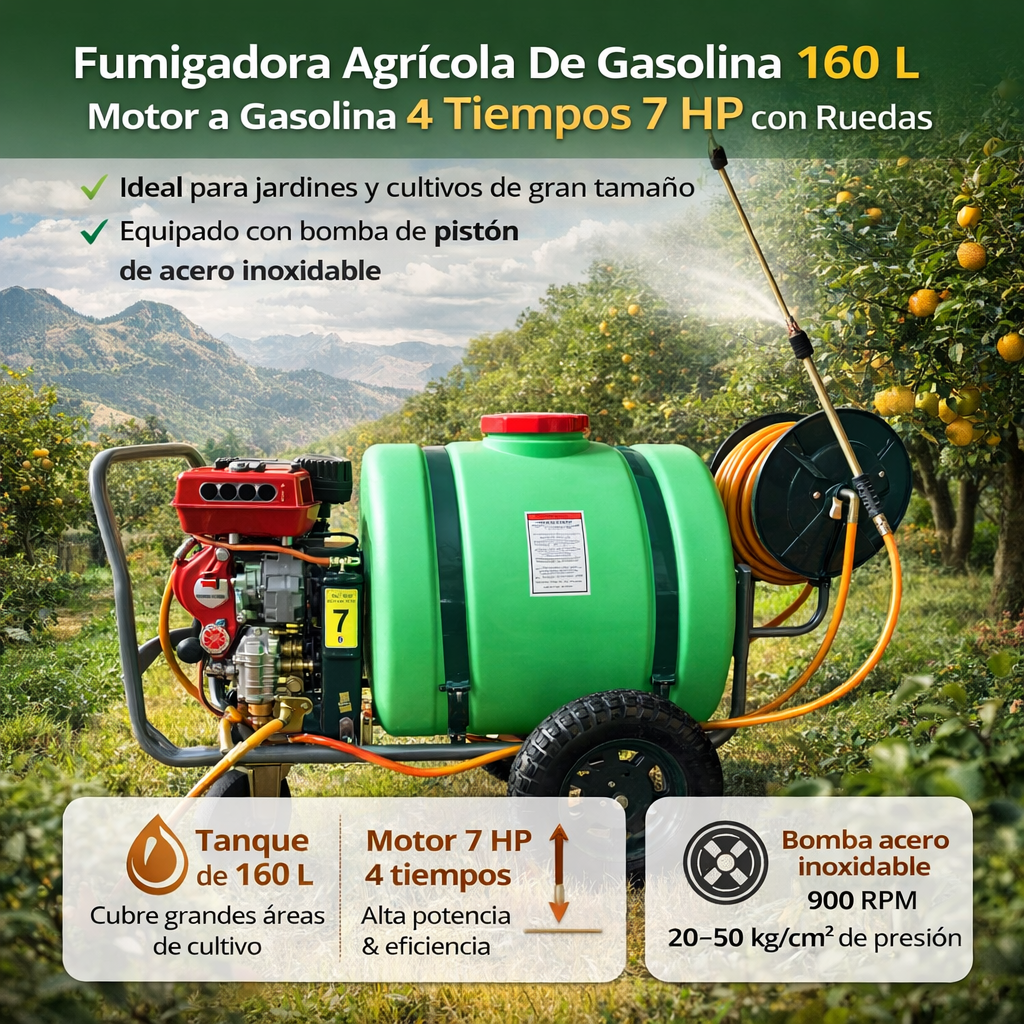 Fumigadora Agrícola De Gasolina 160 L Con Ruedas. Bomba de Fumigación para Cultivos. Pulverizador De Motor Motofumigadora