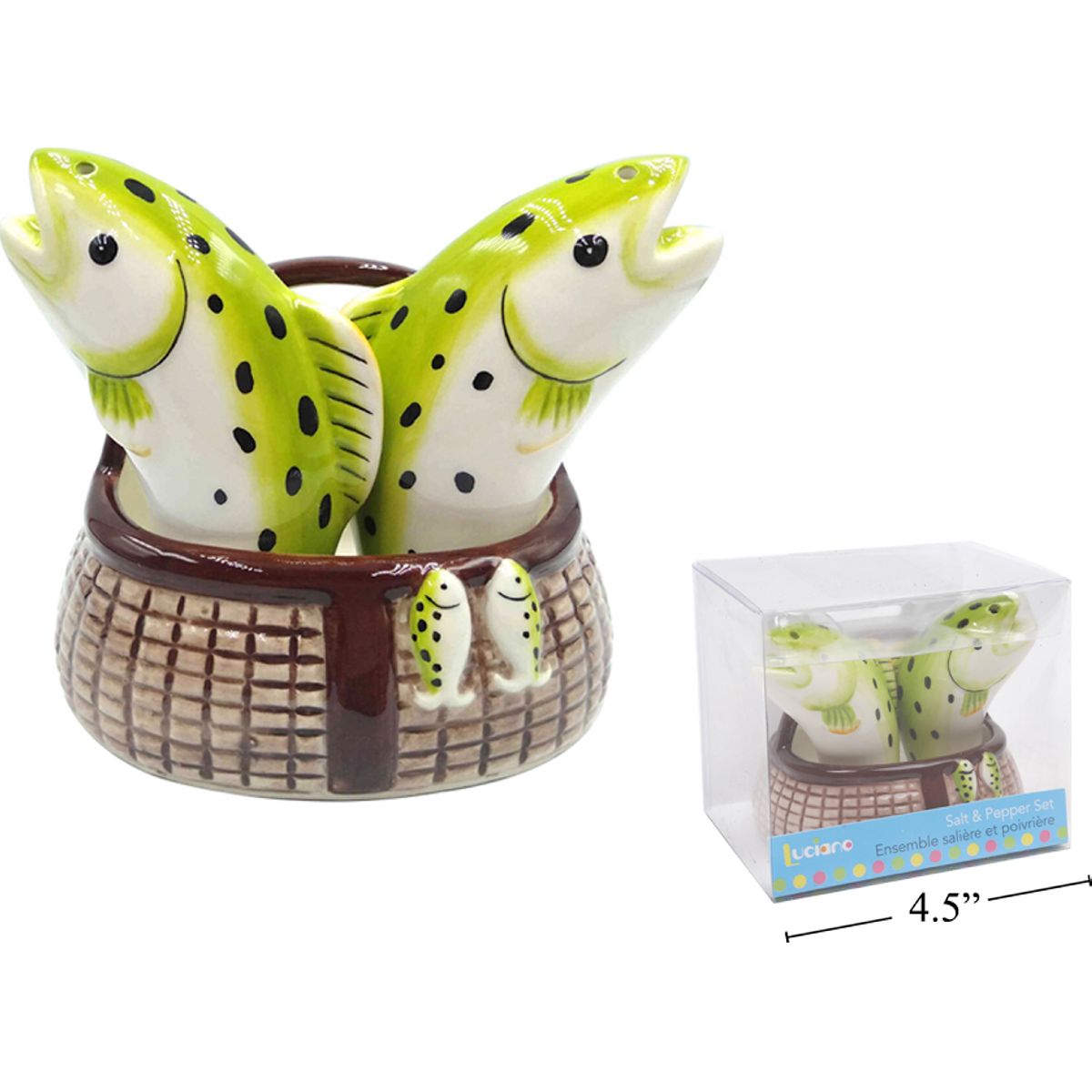 Luciano 3pk Envase con diseño de pez para Sal y pimienta Set, caja de pvc con etiqueta