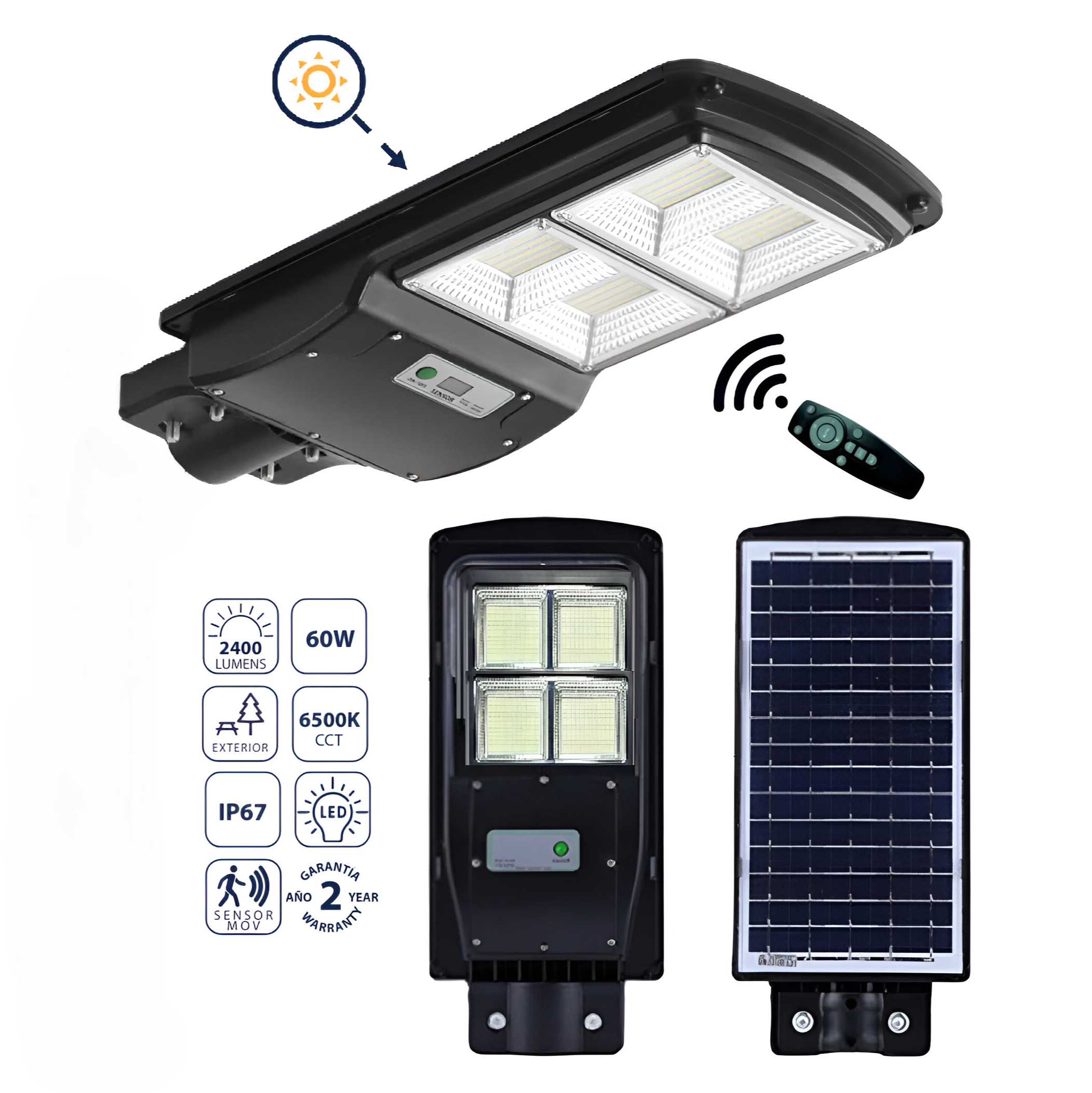 Lámpara Solar de Calle LED 60W con Sensor, 2400 lm, 6500K Fría: Eficiencia Brillante.Luminaria