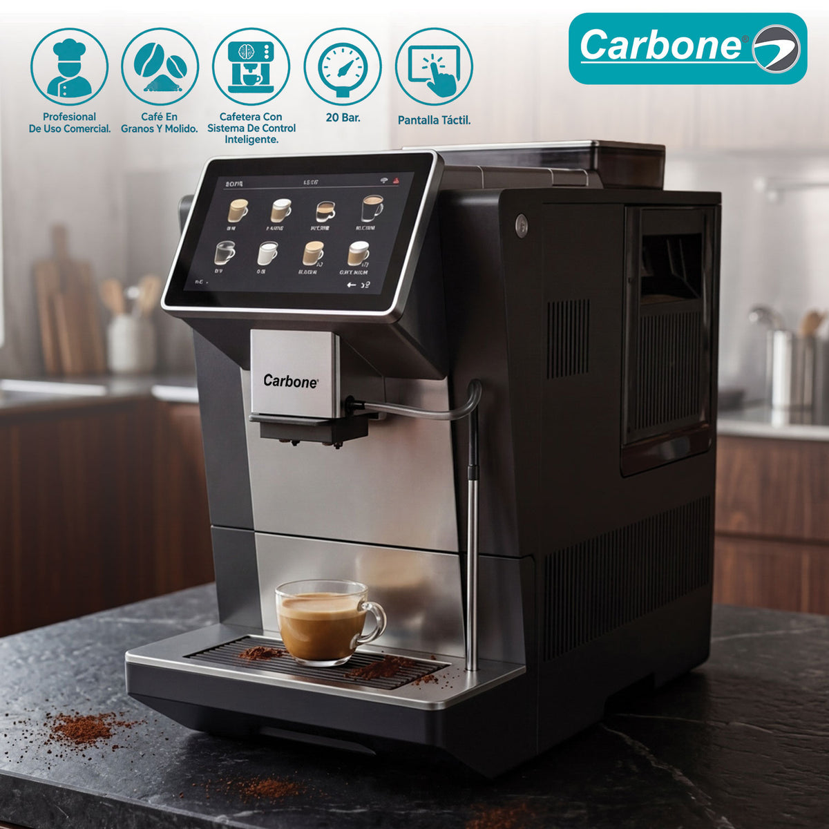 Máquina de Café Automática profesional de uso Comercial. Café en granos y molido. Cafetera con sistema de control inteligente, 20 Bar. Pantalla táctil.