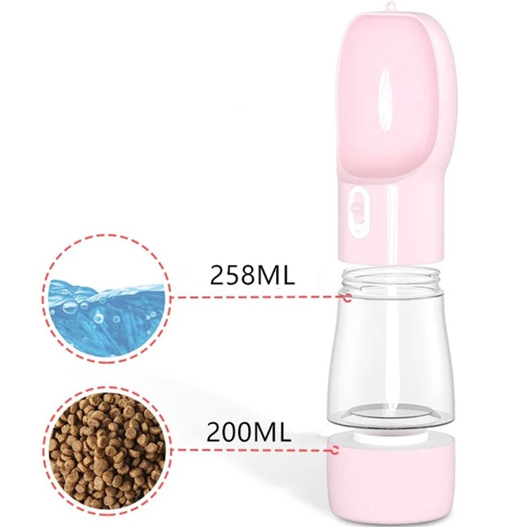 Dispensador portatil comida y agua con bebedero. Color Rosado. Capacidad 258ml Agua y 200ml comida