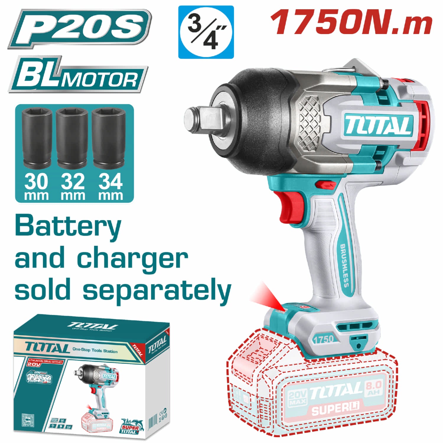 Llave de Impacto cuadrado 20V 3/4" Motor sin escobillas. 1750Nm Batería y cargador por separado. Super Total