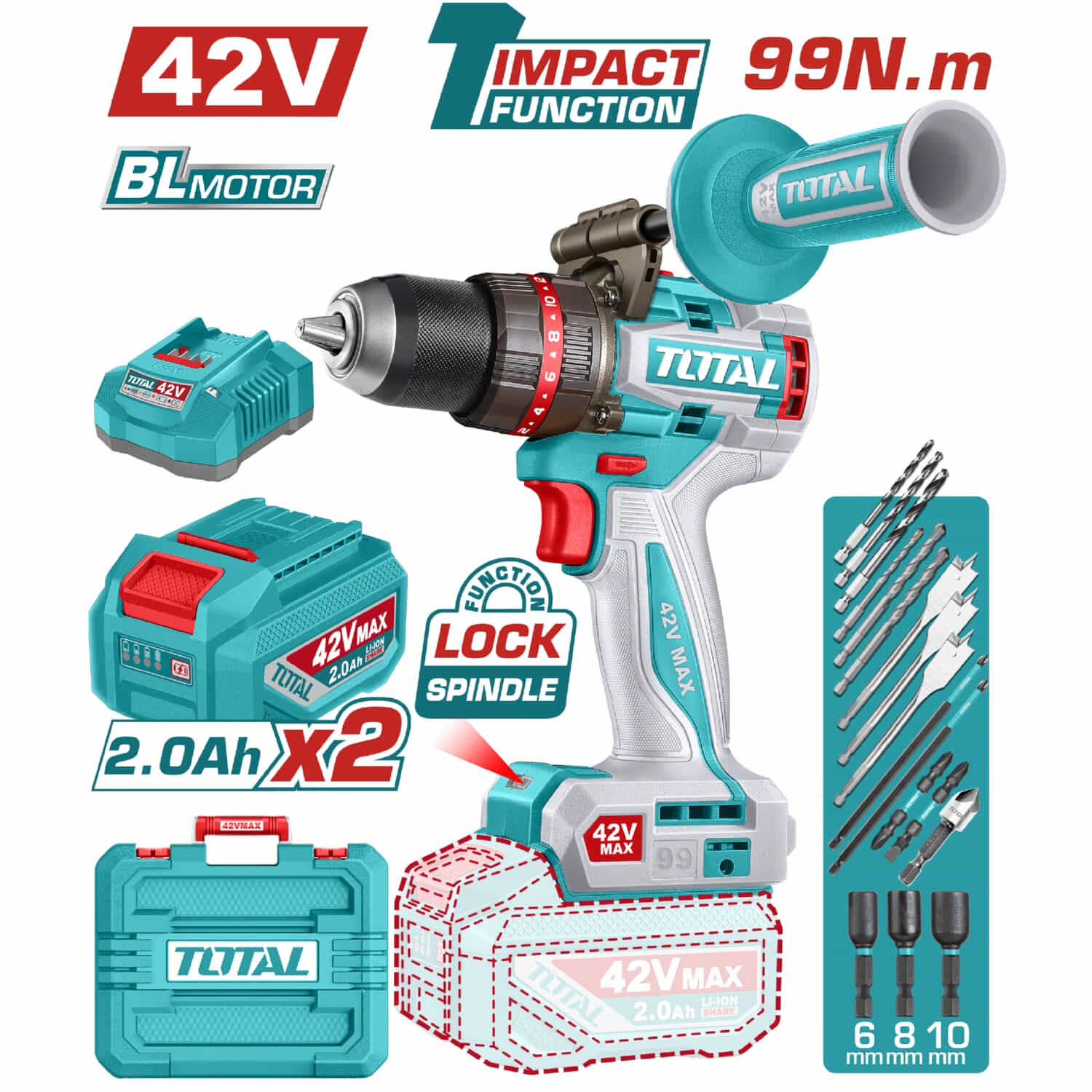 Drill Taladro Inalámbrico 99N.m 42V Función De Impacto. Motor sin escobillas. Incluye Batería, Cargador y accesorios.