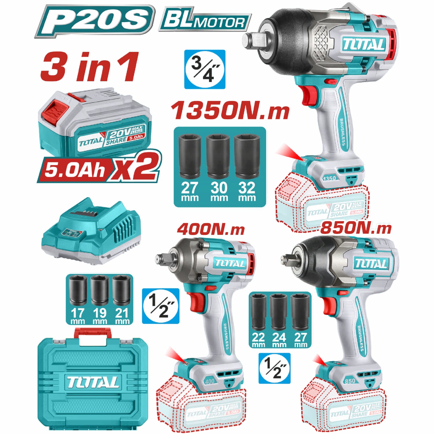Super Combo del Mes Total 20V Llaves de Impacto 1350Nm 850Nm 450Nm Incluye batería y accesorios POCAS UNIDADES.