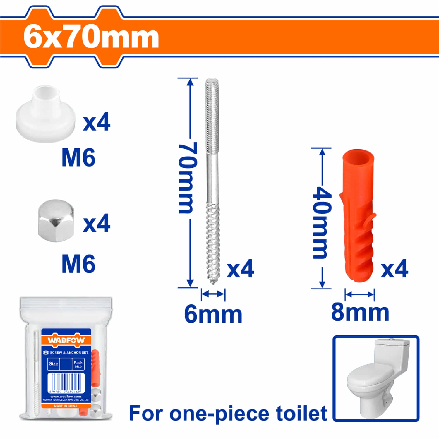 Tornillos DIN571 6x70mm para inodoro Tacos de plástico 8x40mm y arandelas. Galvanizado. SET
