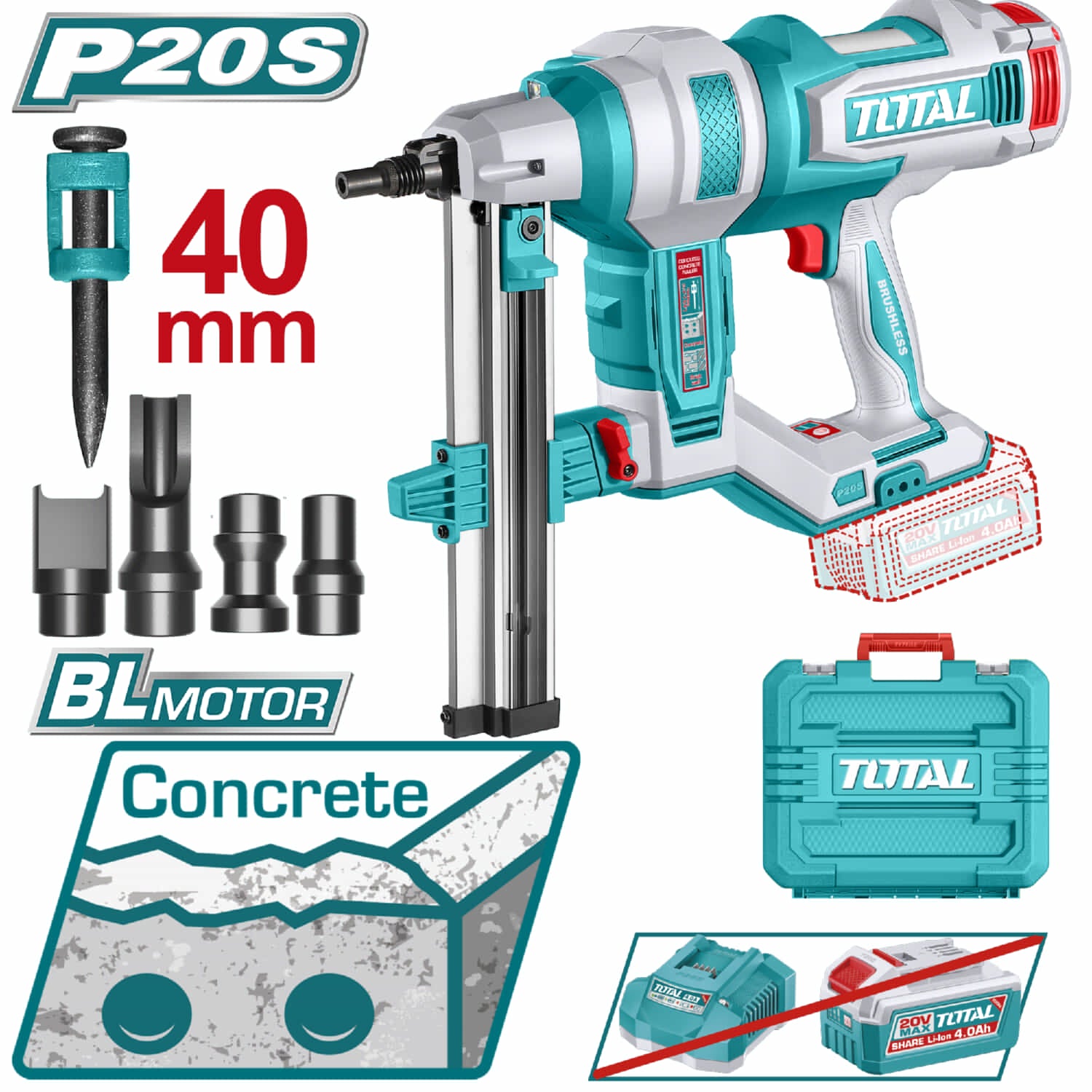 Clavadora de Concreto Inalámbrica 20V Motor sin escobillas Clavos 15-40mm Incluye accesorios.