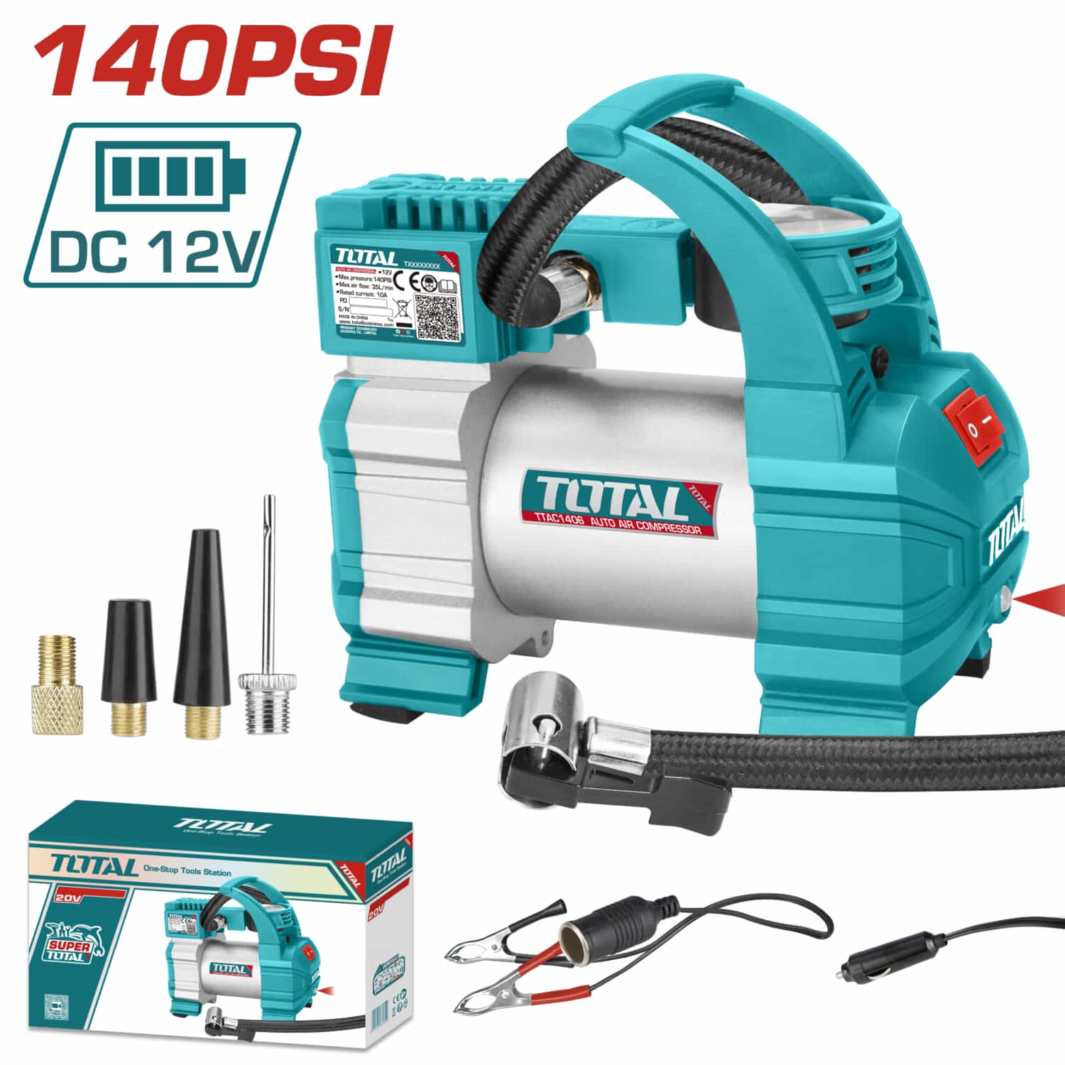 Compresor de Aire Automático. DC 12V. Corriente 10 A. presión Max. 140 PSI (10 Bar).