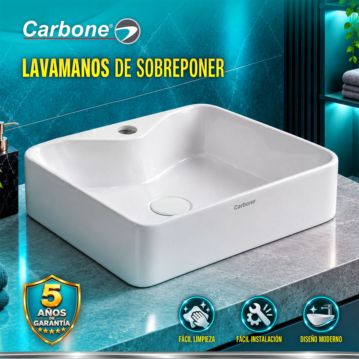 Lavamanos de Sobreponer con perforación de grifo Rectangular 48x38x13 cm Cerámica Sanitaria Premium, Diseño Moderno